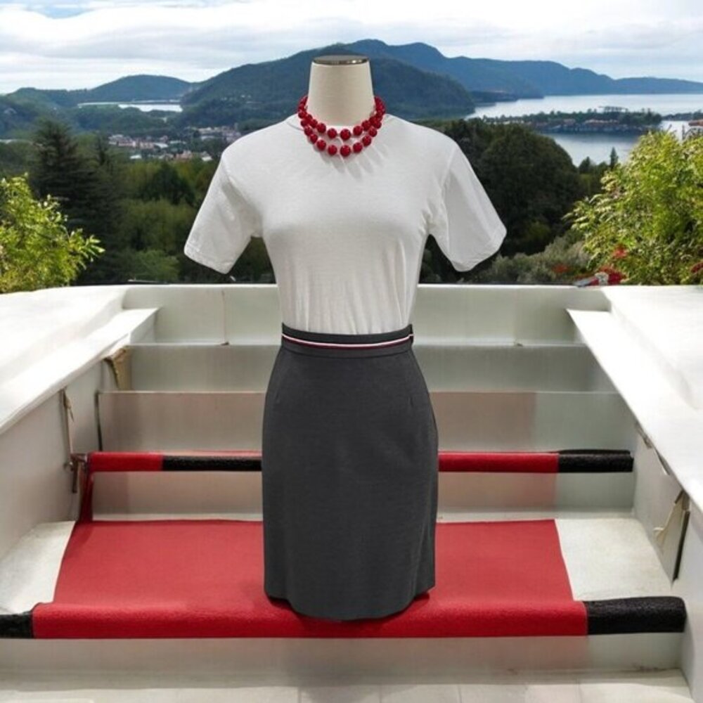 White T Dark‎ Gray Pencil Skirt Red Beaded Necklace Preppy Coastal Grandmother